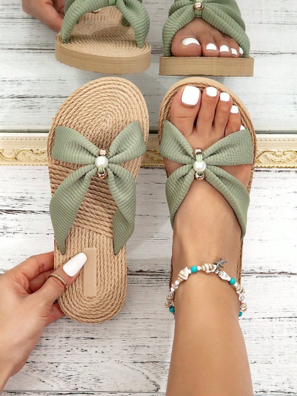 Green Bohemian Women's Flat Open Toe Sandals with Thick Rope Textured Soles - Picture 2 of 5